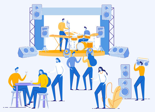 Summertime Music Festival Open Air Live Performance. Rock, Pop Musician Performing Concert in Park or Summer Camp. People Enjoying Dancing Outside. Cartoon Characters Cartoon Flat Vector Illustration