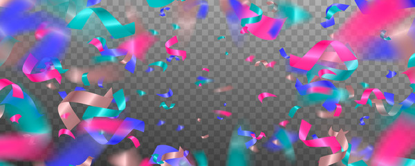 Fototapeta na wymiar Colorful bright confetti isolated on transparent background. Abstract background with many falling tiny confetti pieces.