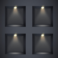Wall with niches and spotlights. Concept of gallery. Recess in a dark wall in square shaped with point light. Black color. Editable Background Vector illustration.