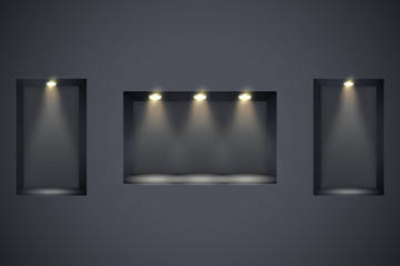 Wall with niches and spotlights. Concept of gallery. Recess in a dark wall in rectangle shaped with point light. Black color. Editable Background Vector illustration. - obrazy, fototapety, plakaty