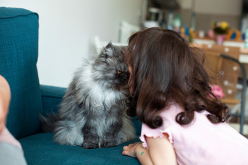 Portrait of a beautiful baby girl with wavy hair that nose to nose with a gray cat on the sofa in living room, the concept of  what to do while social distanced ,caring for animals, favorite pets 