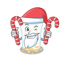 Oats milk Cartoon character wearing Santa costume bringing a candy
