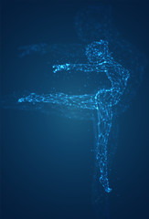 Fototapeta premium Kobieca sylwetka świetlistych linii i kropek tańczących na abstrakcyjnym ciemnoniebieskim tle. układ wektorowy