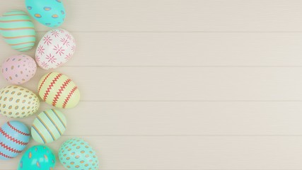 3D Rendering of Easter eggs with colorful painting on soft white wood background
