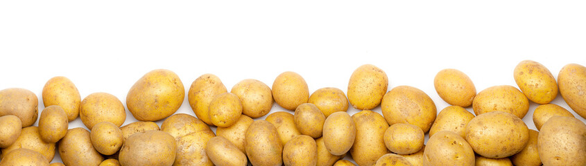 a heap of potatoes as banner, border, headline, header or panorama, isolated with white background