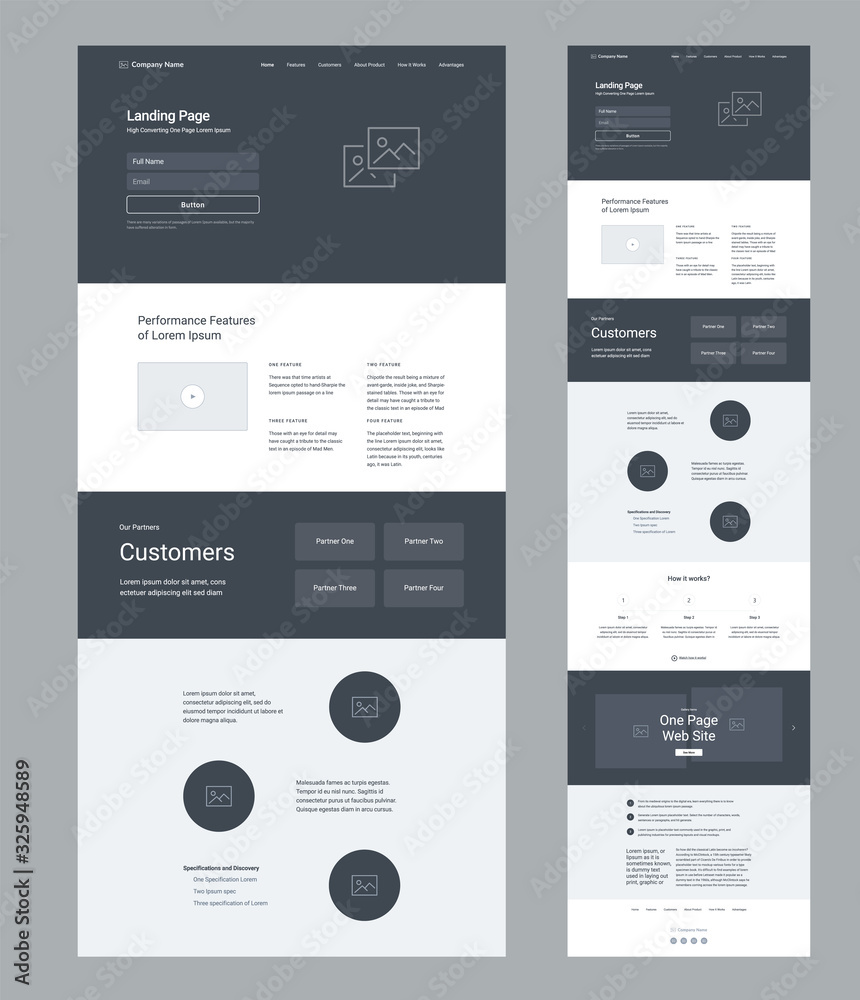 Canvas Prints landing page wireframe design for business. one page site layout template. modern responsive design.