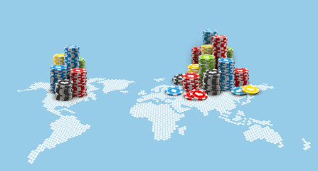 illustration a large pile of colored casino chips on a world map. Realistic Big win jackpot poker in Online web casino on a world map perspective © ASEF
