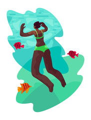 African Woman is Swimming in the Blue Water of Ocean omn Vacation in Tropical Country