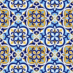 Portuguese tile pattern vector seamless with mosaic motifs. Sicily italian majolica, portugal azulejos, mexican talavera, venetian and spanish ceramic. Background for kitchen wall or bathroom floor. - 325949137