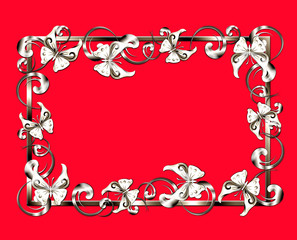 Creative composition with a picture frame, decorated with patterned curls and butterflies. Imitation of silver on a red background.