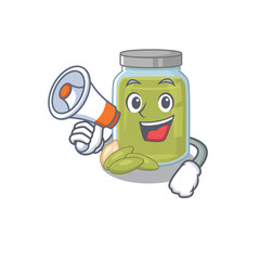 A mascot of pumpkin seed butter speaking on a megaphone