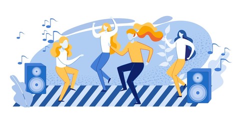 Cartoon Happy Disco Girls, Teenagers Characters, Young Woman Dancing on Dance Floor. Hen-Party, Birthday Celebration, Discotheque. Music and Fun. Move Body. Enjoy Rhythm. Vector Flat Illustration