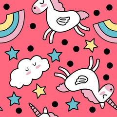 Seamless vector pattern with cartoon unicorns and rainbows. Background for baby's products. - 325950599