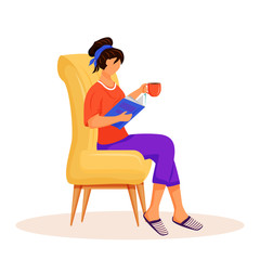 Woman reading book flat color vector faceless character. Lady relaxing at home in chair. Girl with hot drink on sofa. Female reading magazine. Recreation isolated cartoon illustration