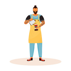Barista with beard flat color vector faceless character. Man making americano. Male cafe worker preparing drink. Guy serving espresso. Hipster with tattoos isolated cartoon illustration