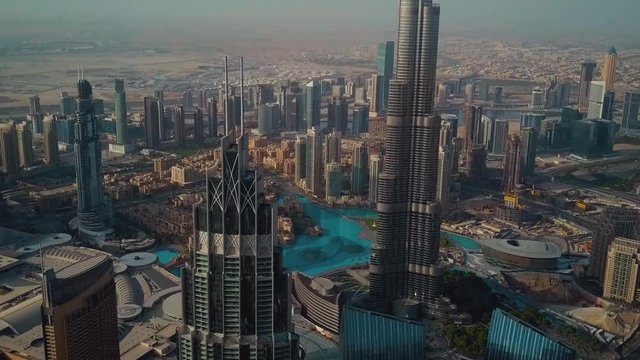 Famous tourist destination Dubai downtown big city modern futuristic architecture in 4k aerial drone panorama cityscape