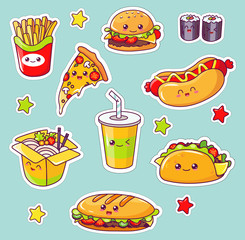 Fast Food Flat Cartoon Vector Illustration. Eating Out. Quick Way to Have Meal. Pizza, Taco, Beverage, French Fries, Noodles, Hamburger and Sandwich, Soda Water, Sushi Rolls. Junk Eating.