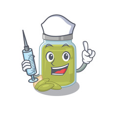 A pumpkin seed butter hospitable Nurse character with a syringe