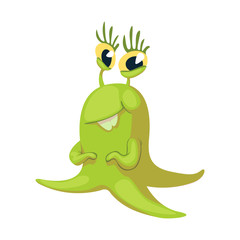 Smiling extraterrestrial flat cartoon vector illustration. Cute green alien, fantastic creature. Ready to use 2d character template for commercial, animation, printing design. Isolated comic hero