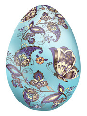 Creative composition with the image of a decorated Easter egg. Floral brown patterns and butterflies, blue tones, background for Easter.