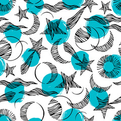 Seamless pattern. Signs of the zodiac, phases of the moon, sun and moon. Engraving style. Astrology.