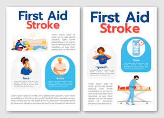 First aid for stroke flat vector brochure template. Emergency medical help. Flyer, booklet, printable leaflet design. Magazine page, cartoon annual reports, infographic posters with text space