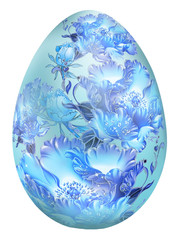Creative composition with the image of a decorated Easter egg. Flowers and leaves, blue tones, background for Easter.