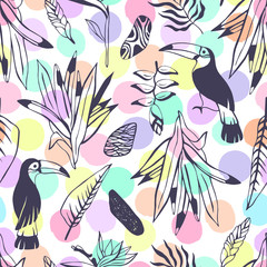 Tropical seamless pattern with toucans. Vector background.
