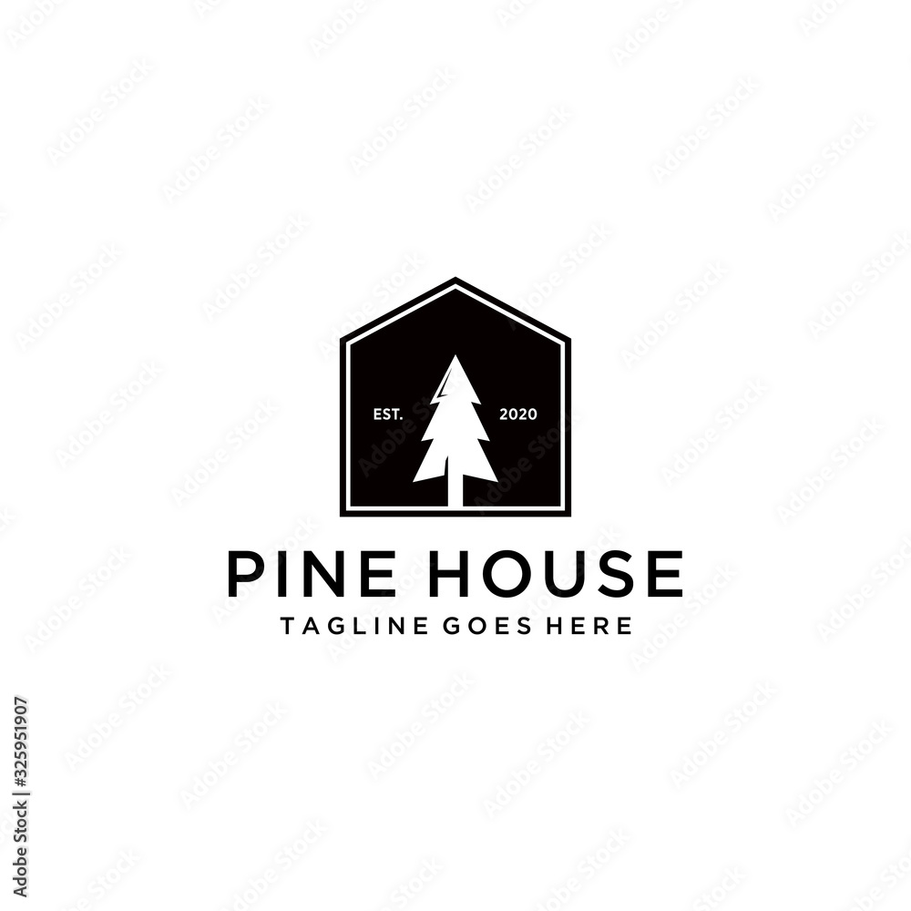 Wall mural Illustration modern Pine tree on house sign design logo template