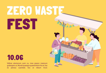 Zero waste fest banner flat vector template. Buying eco and organic products on farmers market. Brochure, poster concept design with cartoon characters. Horizontal flyer, leaflet with place for text