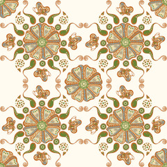 Seamless pattern with deco flowers and butterfly for a fabric or surface, tile, ornamental motif with decorative design elements - 325952179