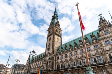 Hamburg Town Hall or Rathaus during Gay Pride Parade. Low angle view against sky