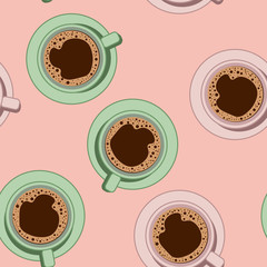Tea cups on pink background seamless vector pattern. Morning cafe or restaurant breakfast. Top view vector illustration.