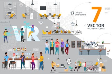 IT Industry Professionals Team Life Trendy Flat Vector Scenes Set. Female, Male Programmers, Software Developers, Game Development Company Designers Working in Office, Resting in Bar Illustrations