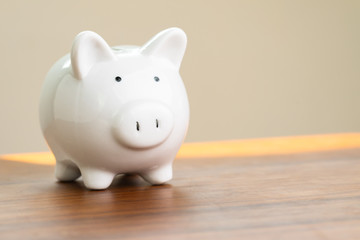 Financial saving money, debt and deposit concept, white piggy bank on wooden table with sun light shining and copy space