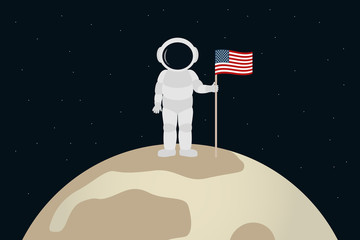 American cosmonaut stand on moon and hold flag of USA. Cartoon style. Vector illustration.