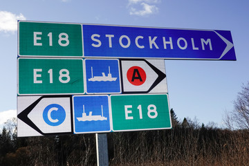 Kapellskär, Sweden, A road sign indicating directions to ferries that go to Finland.