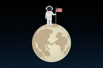 Astronaut stand on moon and hold American flag. Cartoon style. Vector illustration. © Vector DSGNR