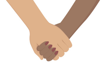 Holding hands of Caucasian man and African woman. Cartoon style. Vector.