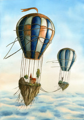 Air balloon with flying islands and houses. Hand drawn watercolor illustration.