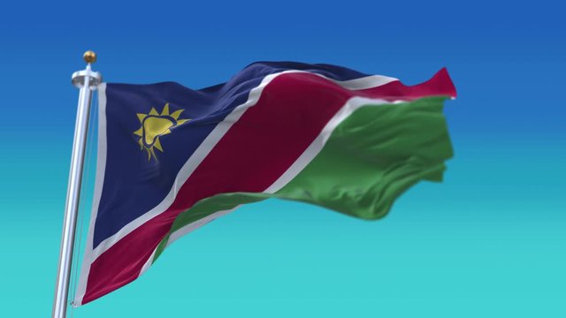 4k Namibia National flag slow seamless waving with visible wrinkles in wind blue sky background.digital rendering-animation loop.