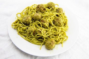 meatballs with pasta and pesto sauce