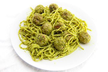 meatballs with pasta and pesto sauce