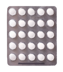 Pack of pills isolated on white background.