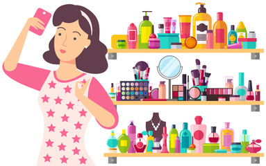 Woman with phone in hand. On background many elements of cosmetics like cream or gel, palettes or concealers, lipsticks or perfumes vector illustration