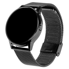 Wireless smart watch in a round glossy black case on a metal strap with a blank screen for a logo...