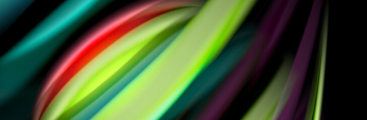 Silk and smooth flow wave poster design. Color waves, liquid style lines and shapes in black color background