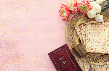 Pesah celebration concept (jewish Passover holiday). Traditional book with text in hebrew: Passover Haggadah (Passover Tale)
