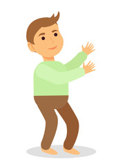 Fototapeta premium Boy standing on floor and looking up. Little kid with brown hair try to go. Child preschool age playing alone in room. Toddler isolated on white background. Vector illustration in flat style