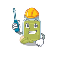 cartoon character style pumpkin seed butter working as an automotive
